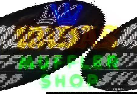 Midas Muffler Shop Single Sided Porcelain Factory Neon Sign: 56" x 79" x 8.5", SSP (single sided porcelain) factory neon sign with metal can has excellent color and gloss. The sign features three-color neon with a flashing "Crown" logo in the upper field. The f