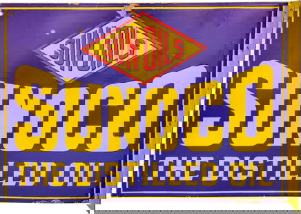 Sun Oils Sunoco "The Distilled Oil" Double Sided Porcelain Flange Sign: 18" x 25.75", DSP (double sided porcelain) flange has excellent color and gloss. Side #1 has light wear with fine scratches and marks in the fields. The perimeter has chips along the outer edges. The
