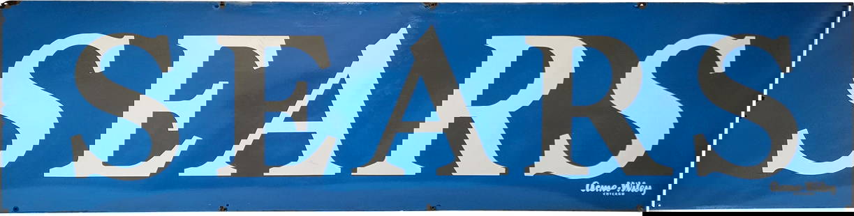 Sears 8' Single Sided Porcelain Sign: 8' SSP (single sided porcelain) sign showcases outstanding blue color and gloss. The surface is remarkably clean, featuring just a minor scratch on the letters 'E' and 'A'. The top left corner has a c