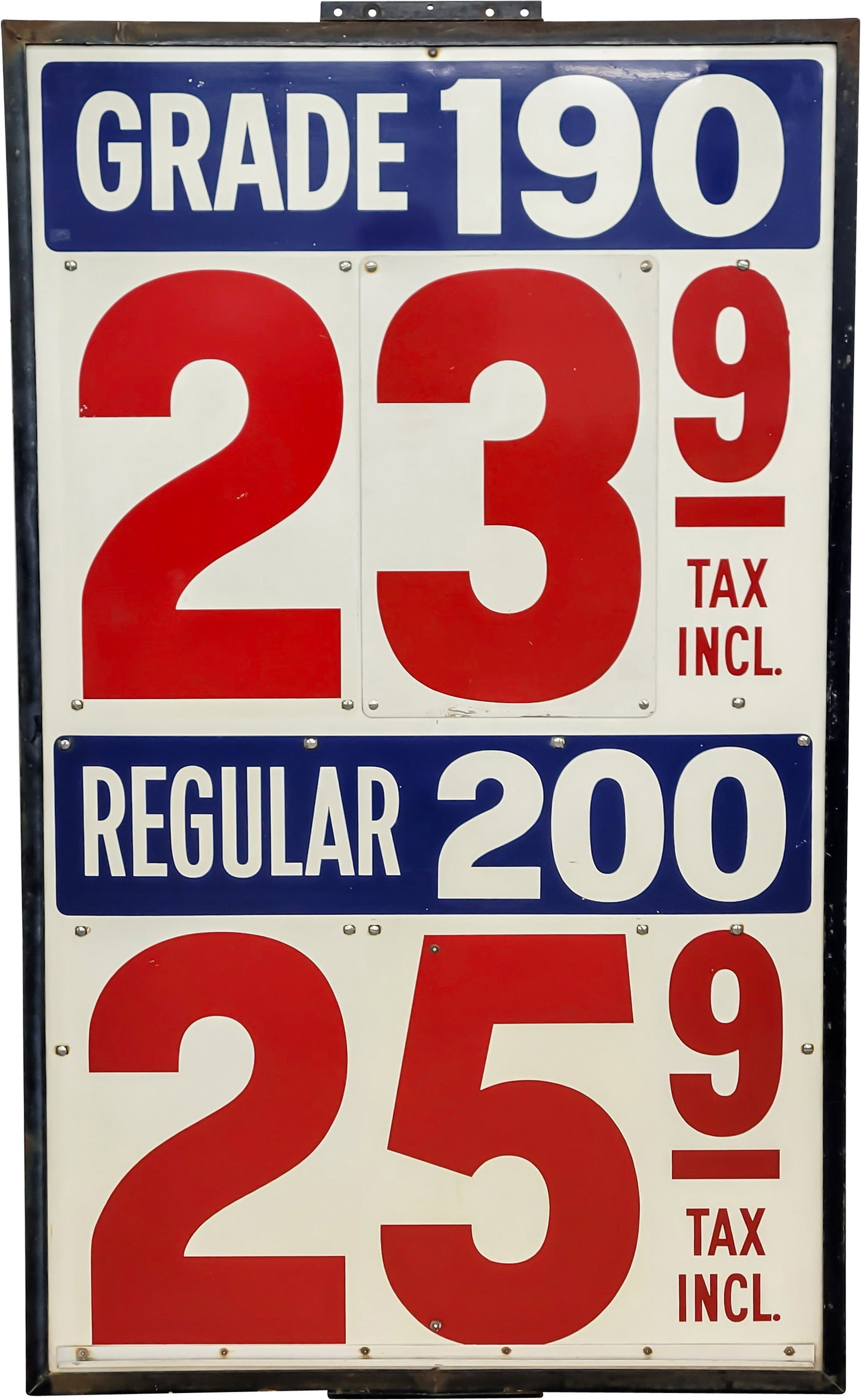 Service Station Gasoline Pricer Single Sided Tin Sign w/ Frame: 62" x 36", SST (single sided tin) sign with metal frame has excellent color and shine. The field features a #3 pricer insert with areas of light wear and scuffs. The perimeter has a factory paint blem