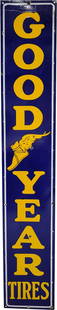 Good Year 8' Vertical Single Sided Porcelain Sign w/ Wingfoot: 94" x 16", SSP (single sided porcelain) sign has excellent color and gloss. The field has minor surface imperfections with small chips n the center and lower fields. A few of the chips in the lower fi