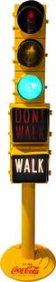 Econolite Restored Traffic Light On Coca Cola Base: 89"h multi-tiered traffic light has been fully restored and is affixed to a restored embossed Coca-Cola base. All the traffic lights operate correctly, and a knob has been added to the exterior to adj