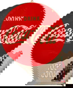 1949 Drink Coca Cola Ice Cold Double Sided Tin Flange Sign w/ Bottle: 22.5" x 18", DST (double sided tin) die cut flange has very good color and shine. Side #1 has fine scratches with other light wear in the field. The perimeter has paint chips with a vertical bend alon