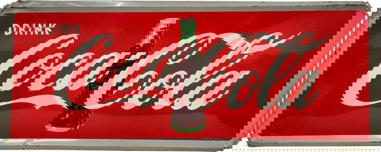 1955 Drink Coca Cola 5' Single Sided Tin Sign w/ Bottle: 24" x 59", SST (single sided tin) self-framed sign has very good color and shine. The field has fine scratches with light wear. The perimeter has areas of paint loss with multiple bends to the self-fr