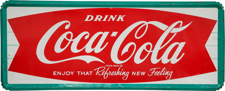 Drink Coca Cola "Enjoy that Refreshing New Feeling" 5' Single Sided Tin Sign: 24" x 59", SST (single sided tin) self-framed sign has very good color and shine. The field has light wear small paint chips, tiny dings and fine scratches in the outer fields. The perimeter has bends