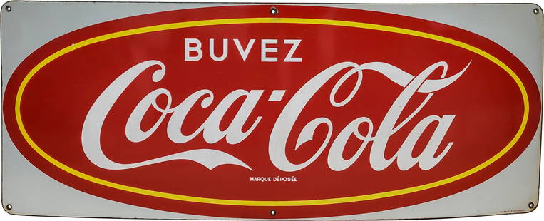 Buvez Coca Cola 4' Single Sided Porcelain Logo Sign: 19.5" x 49", SSP (single sided porcelain) sign has excellent color and gloss. The field exhibits light wear with fine scratches and tiny nicks. The perimeter has small chips at the 12 o'clock mount ho