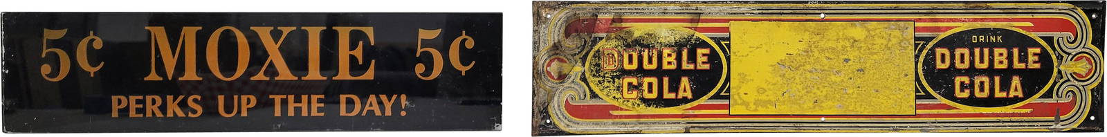 Double Cola Single Sided Tin Sign and Reverse Painted Glass 5 Cent Moxie Sign: This lot consists of two signs, including an embossed Double Cola SST (single sided tin) sign measuring 19.25" x 4.5" with a blank privilege panel. The sign shows signs of wear, including stains, pain