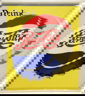 Drink Pepsi Cola 30" Emb. Single Sided Tin Sign w/ Bottle Cap: 30.5" x 26.75", SST (single sided tin) embossed self-framed sign has excellent color and shine. The field is very clean overall with light wear, minor paper marks and slight paint blistering in the lo