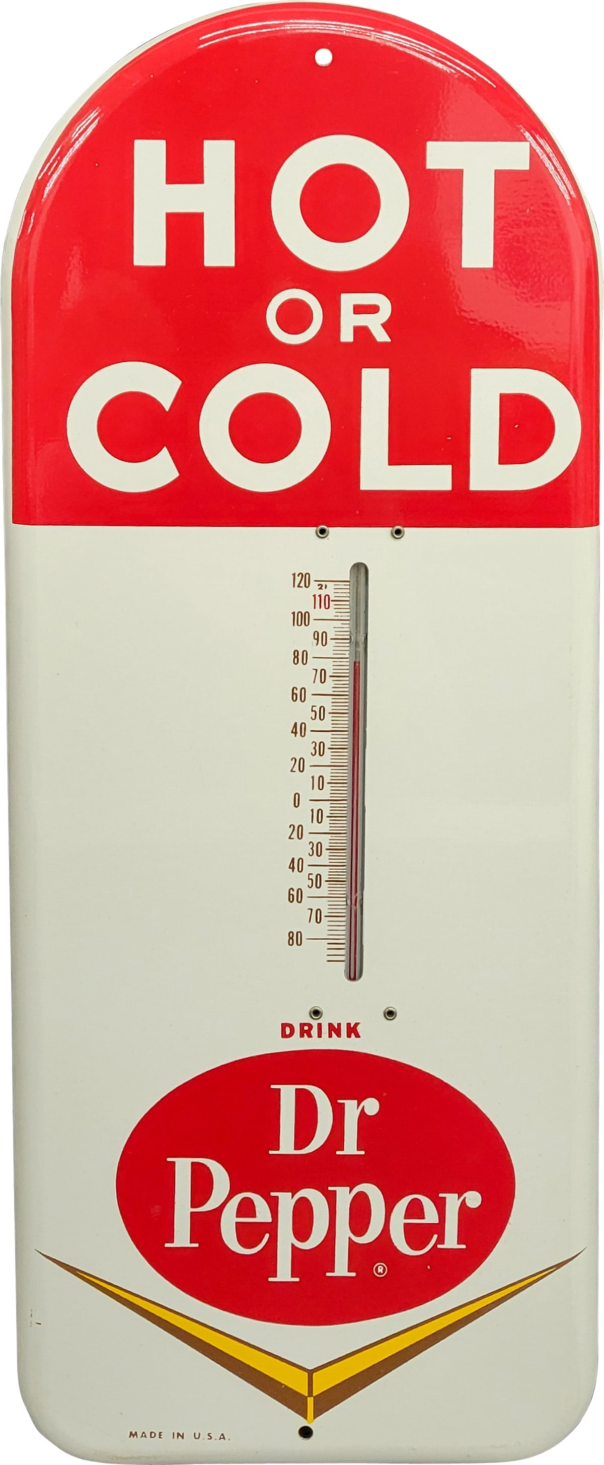 Amazing New Old Stock Dr. Pepper "Hot or Cold" Single Sided Tin Thermometer w/ Original Box (1 of 4)