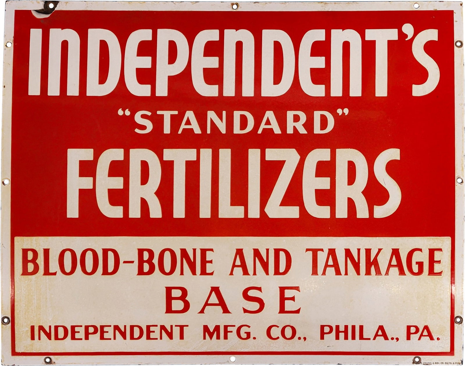 Independent's Standard Fertilizer Single Sided Porcelain Sign: 30" x 24" SSP (single sided porcelain) sign exhibits good color and gloss with toning across the lower field. There is a chip at the top left mounting hole and minor edge wear is visible.