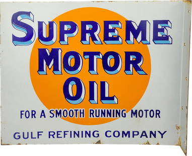 Gulf Refining Company Supreme Motor Oil Double Sided Porcelain Flange Sign: 18" x 22", DSP (double sided porcelain) flange has moderate color and gloss. Side #1 has fading with lower gloss. The field has areas of discoloration with crazing in the outer fields. The perimeter h