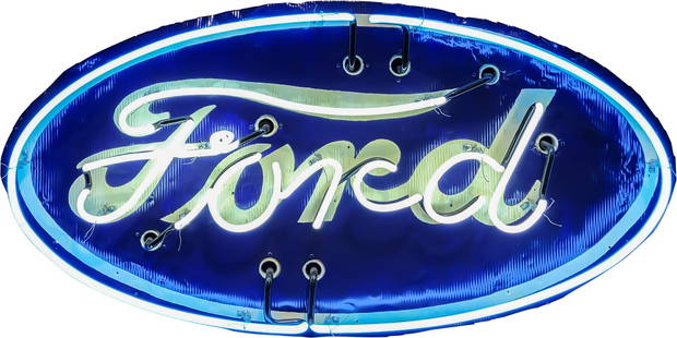 Early Ford 48" Double Sided Tin Factory Neon Sign: 25" x 48" x 11", Two SST (single sided tin) corrugated factory neon signs mounted on the original metal can. Side #1 has been repainted and exhibits outstanding color and shine. The display has surfac
