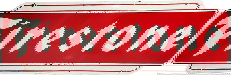 1959 Firestone 8' Horizontal Single Sided Porcelain Sign: 36" x 108", SSP (single sided porcelain) self-framed sign has very good color and gloss. The field has marks with light wear and errant white paint drips. The outer fields have chips to the raised bor