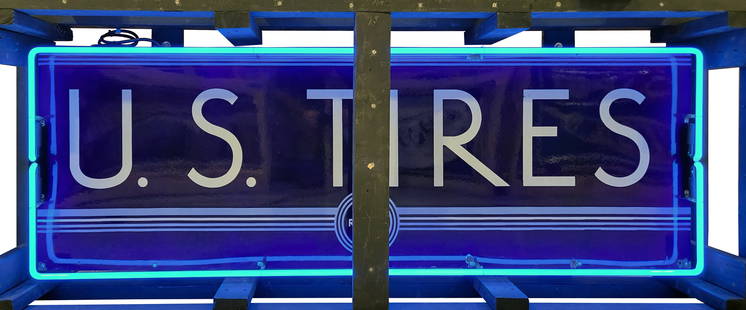 U.S. Tires 6' Single Sided Porcelain Neon Sign w/ Logo: 24" x 74" x 9", SSP (single sided porcelain) sign with added neon surround and metal can has day one color and gloss. The field is exceptionally clean with minor factory imperfections. The perimeter h