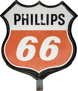 1964 Phillips 66 Gasoline 6' Double Sided Porcelain ID Sign w/ Frame: 72" x 72", DSP (double sided porcelain) sign with factory frame has moderate color and gloss. Side #1 has fading with discoloration, surface wear and chips. The reverse is in a similar condition to th