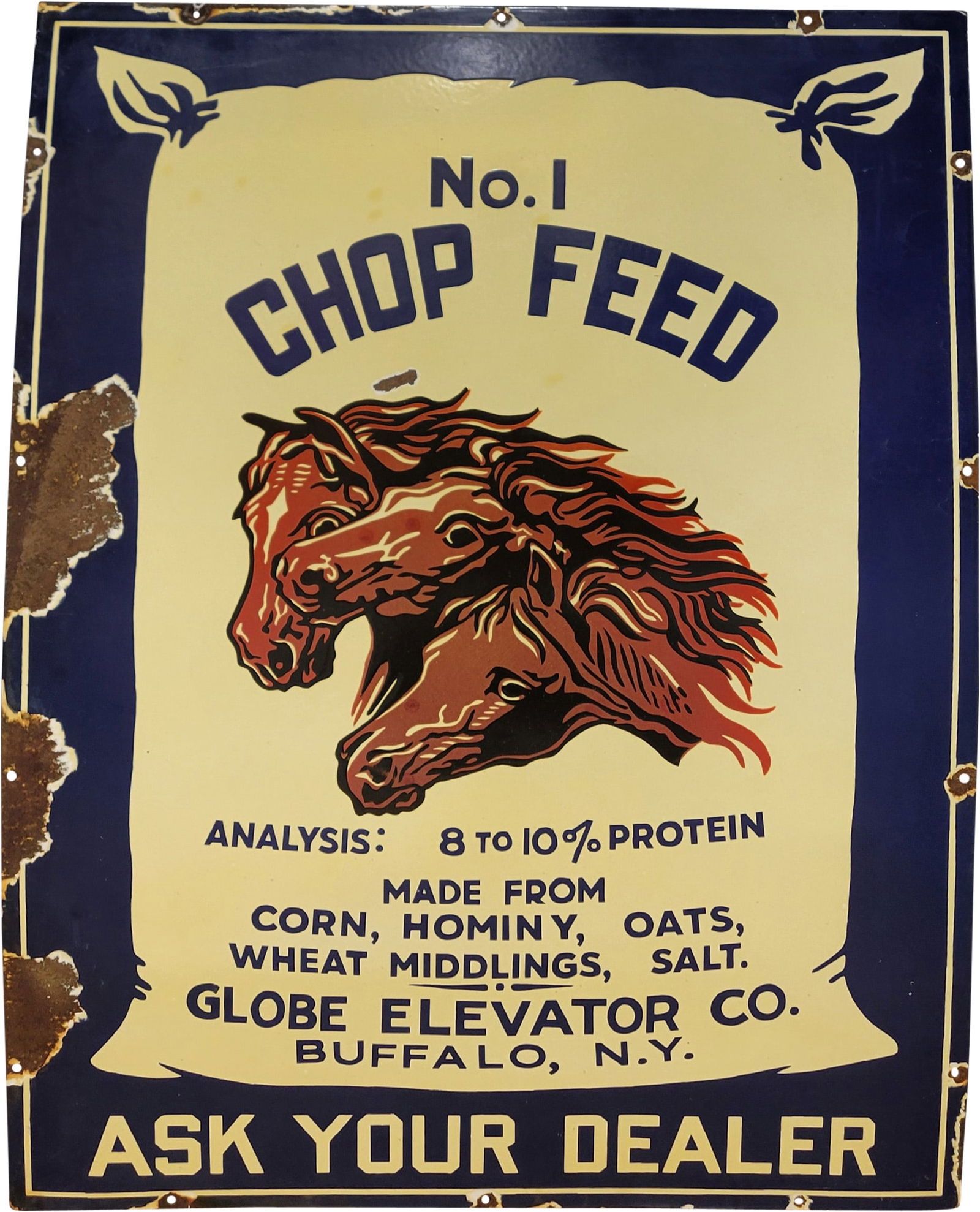 Chop Feed Globe Elevator Co. Single Sided Porcelain Sign w/ Horses (1 of 2)