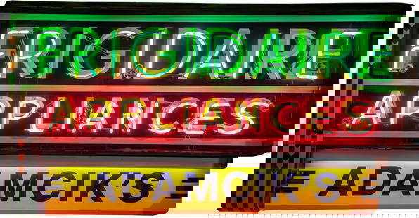 Frigidaire Appliances "Adamcik's" Factory Double Sided Porcelain Neon Sign: 41" x 75" x 13", DSP (double sided porcelain) factory neon sign with can and bullnose has excellent color and gloss. Side #1 has minor surface imperfections with small chips in the fields. The perimet