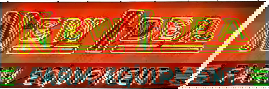 Amazing New Idea Farm Equipment 6' Single Sided Tin Neon Sign: 24" x 72" x 9", SST (single sided tin) rolled edge sign with added neon and metal can has excellent color and shine. The sign features highly detailed three-color neon with "triple stroked" "New Idea"