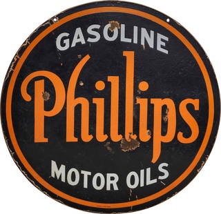 Phillips Gasoline Motor Oils 30" Double Sided Porcelain Sign: 29.5" D., DSP (double sided porcelain) sign has good color and moderate gloss. The display has chips, surface wear and circular factory blemishes in the left field. The perimeter has chips with areas