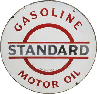 Standard Gasoline Motor Oil 30" Double Sided Porcelain Sign: 30" D., DSP (double sided porcelain) sign has very good color and gloss. Side #1 has light surface wear in the fields with fading to the "Standard" lettering. The perimeter has edge wear with small ch