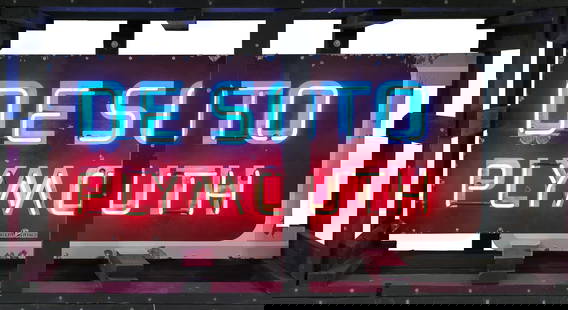 DeSoto Plymouth Die Cut 5.5' Single Sided Porcelain Factory Neon Sign: 29" x 67" x 7.5", SSP (single sided porcelain) factory neon sign with metal can has good color and gloss. The field has surface wear with fine scratches and chips. The perimeter has chips and areas of