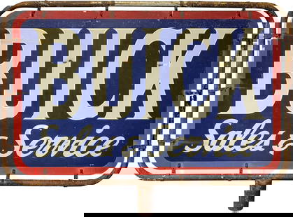 Buick Sales & Service "Better Buy Double Sided Tin Reflective Sign w/ Frame: 41.5" x 67.5", DST (double sided tin) sign with factory pole mount frame has good color and shine. Side #1 is reflective an has areas of general wear with paint chips, minor oxidation and fine scratch