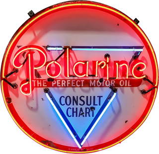 Polarine "The Perfect Motor Oil" 42" Single Sided Porcelain Neon Sign: 42" x 42" x 10", SSP (single sided porcelain) sign with added neon and metal can has good color and moderate gloss. The sign features two-color neon which accents the sign perfectly. The sign exhibits