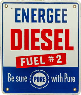 Pure Energee Diesel Fuel #2 Single Sided Porcelain Gas Pump Plate Sign w/ Logo "Four Mout Holes": 12" x 10", SSP (single sided porcelain) sign has excellent color and gloss. The field has light surface wear throughout. The perimeter has minimal edge wear. All four factory grommets are intact and t