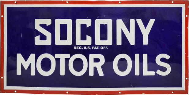 Socony Motor Oils Single Sided Porcelain Sign: 18" x 36", SSP (single sided porcelain) sign has been restored. The field has light wear throughout with small chips and crazing. The perimeter has small chips along the outer edges. The sign displays