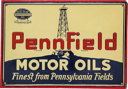 Pennfield Motor Oils "Finest From Pennsylvania Fields" Single Sided Tin Sign: 13.75" x 19.75", SST (single sided tin) embossed self-framed sign has excellent color and shine. The field is very clean overall, with light wear and tiny paint chips in the outer fields. The perimete