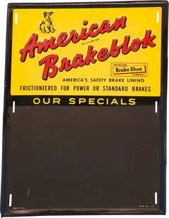 American Brakeblok Single Sided Tin Service Station Sign w/ Stopper: 23.75" x 17.75", SST (single sided tin) embossed self-framed chalkboard sign has excellent color and shine. The fields are very clean overall with light wear and areas of slight discoloration. The per