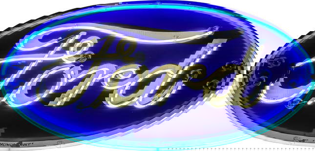 Ford Automobiles 5' Single Sided Porcelain Factory Neon Sign: 31" x 61" x 8.5", SSP (single sided porcelain) factory neon sign with new metal can has good color and gloss. The sign features two-color neon which perfectly accents the classic Ford porcelain enamel