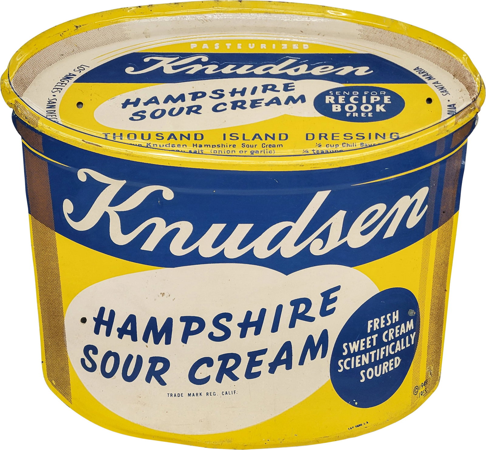 Knudsen Hampshire Sour Cream Single Sided Tin Sign: 15.75" x 14.75" SST (single sided tin) embossed die-cut sign designed to resemble a sour cream container. It features good colors and good shine, with scuffs and scratches mainly located on the raised