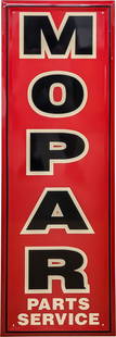 Mopar Parts Service 48" Single Sided Tin Sign: 48" x 16", AGE UNKNOWN SST (single sided tin) self-framed sign has excellent color and shine. The sign is exceptionally clean overall with minor imperfections in the field and small nicks to the self-