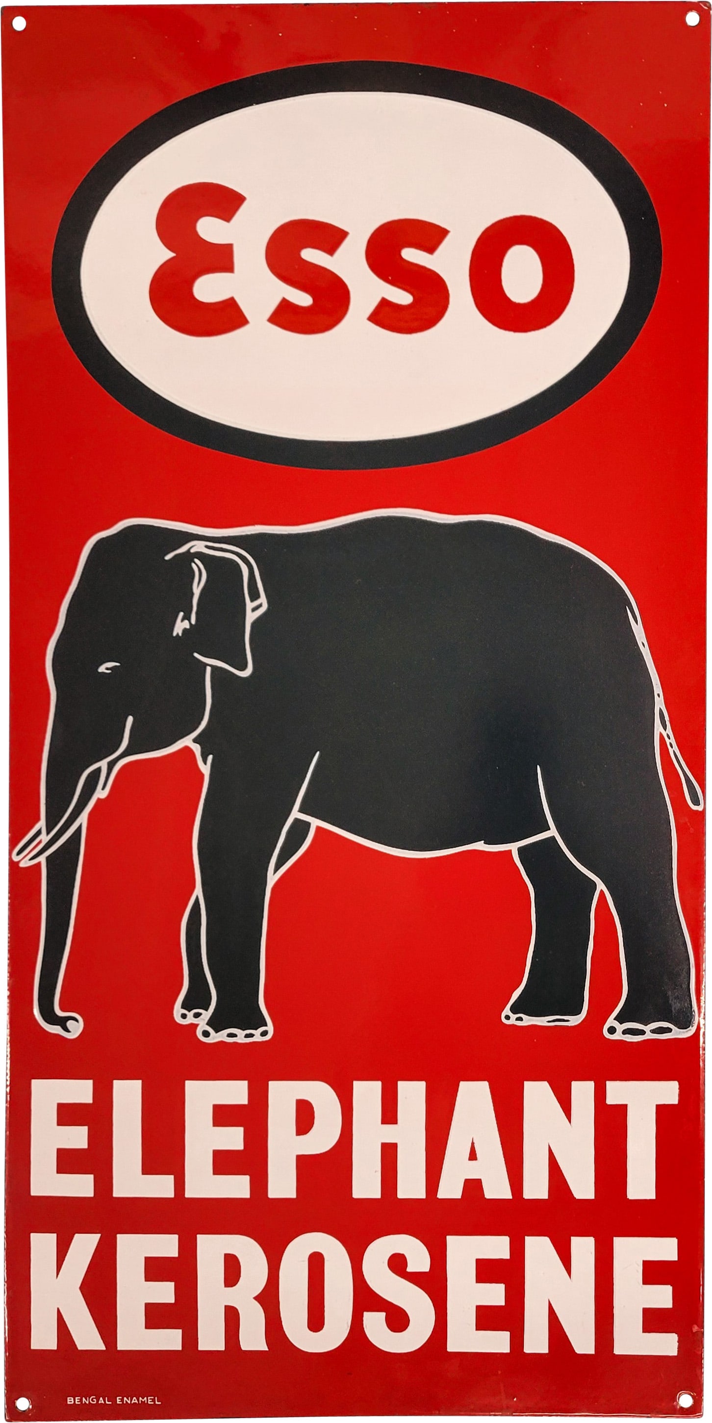 Esso Elephant Kerosene Single Sided Porcelain Sign w/ Logo: 24" x 12", SSP (single sided porcelain) sign has excellent color and gloss. The field is clean. The perimeter has a few tiny nicks and a chip on the upper right corner. Marked Bengal Enamel. Overall a