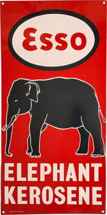 Esso Elephant Kerosene Single Sided Porcelain Sign w/ Logo: 24" x 12", SSP (single sided porcelain) sign has excellent color and gloss. The field is clean. The perimeter has a few tiny nicks and a chip on the upper right corner. Marked Bengal Enamel. Overall a