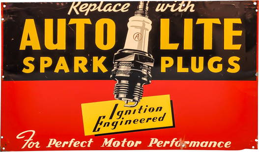 Autolite Spark Plugs "Ignition Engineered" Single Sided Tin Sign: 17" x 28", SST (single sided tin) sign has very good color and shine. The field has light wear with fine scratches and small paint chips. The perimeter has added mount holes with scratches and the upp