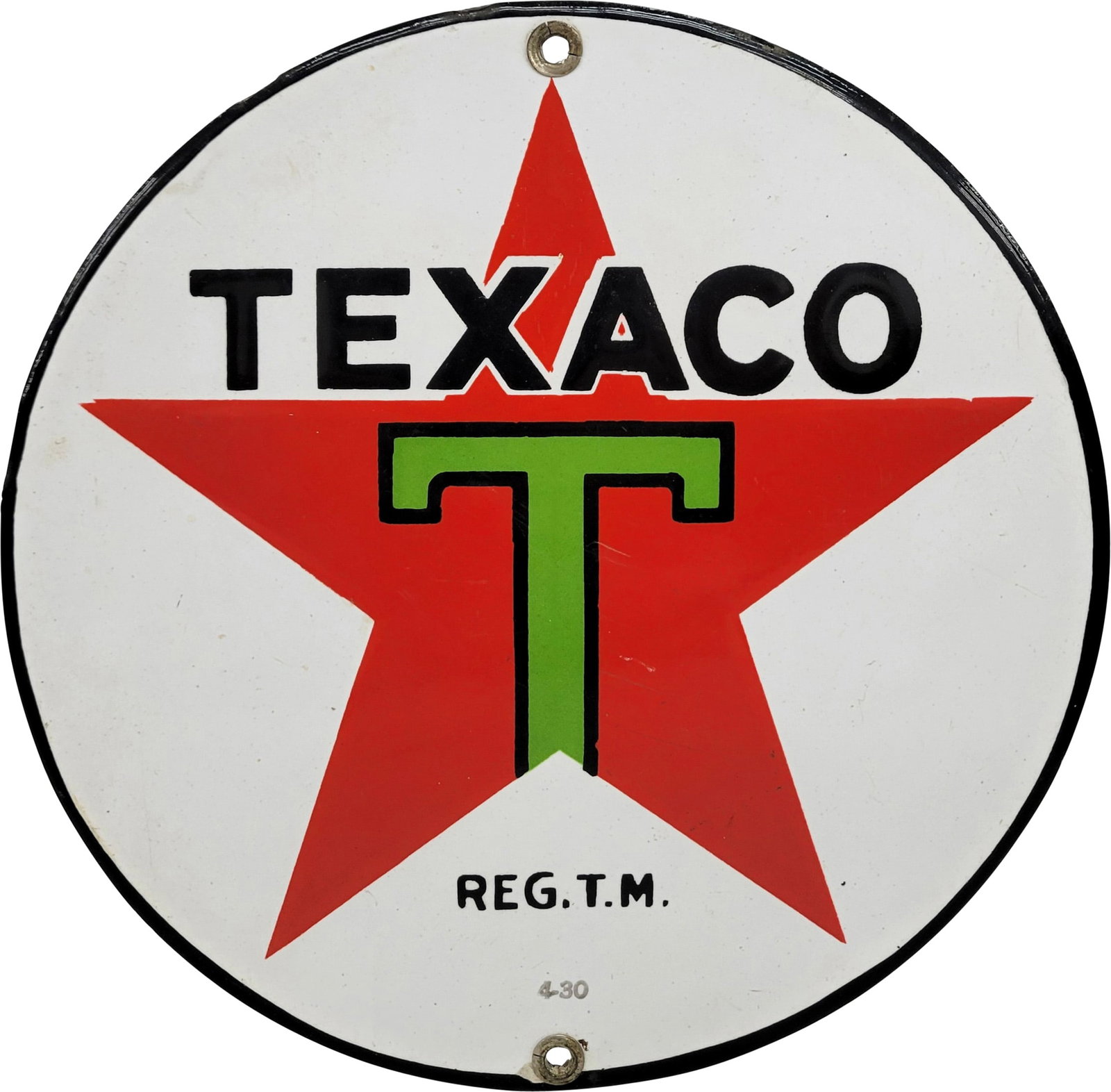 1930 Texaco Motor Oils 8" Single Sided Porcelain Sign "Black T": 8" D., SSP (single sided porcelain) sign has excellent color and gloss. The field has fine scratches with light wear in the logo and outer fields. The perimeter has a chip at the lower mount hole with