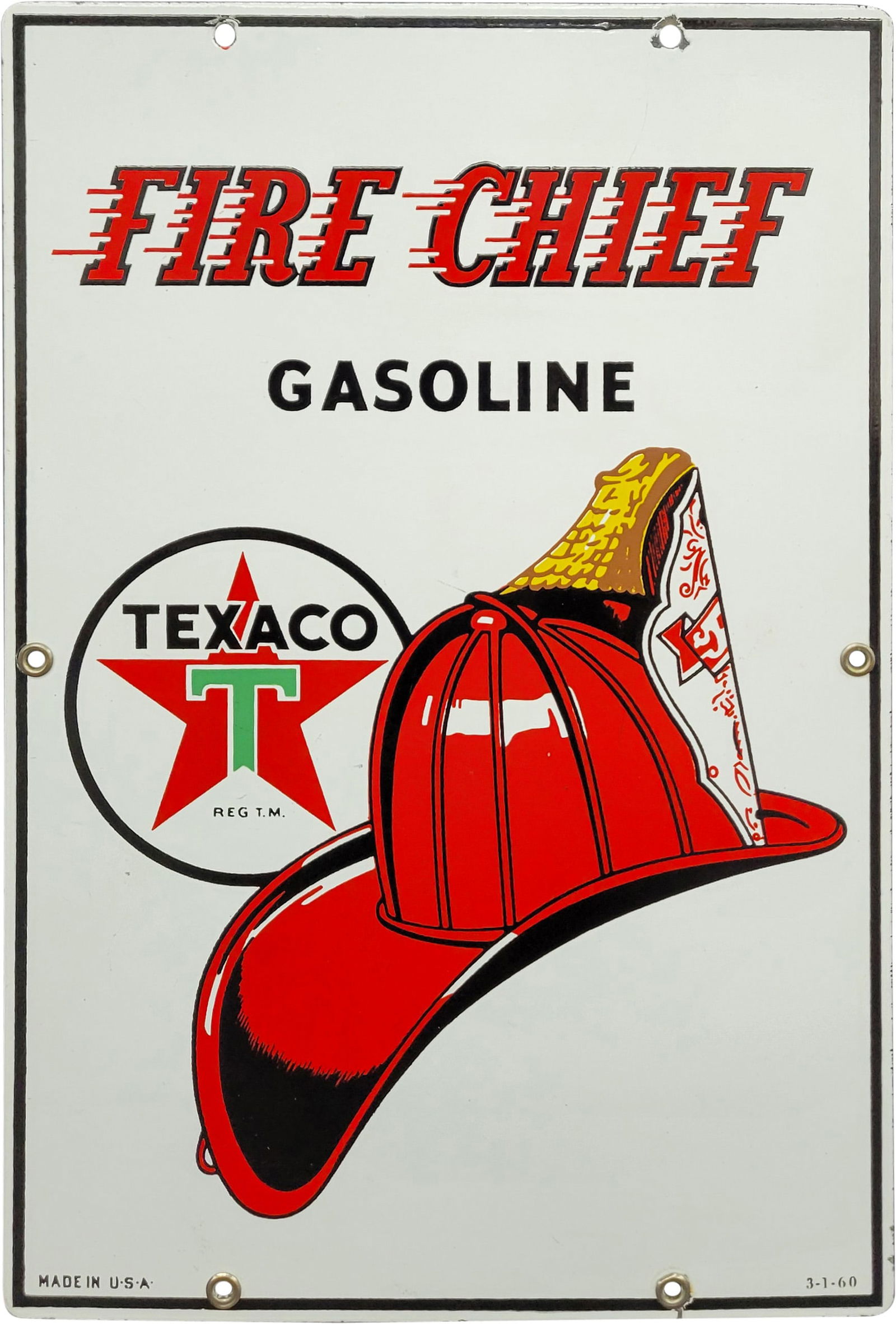 1960 Texaco Fire Chief Gasoline Single Sided Porcelain Pump Plate Sign "Medium Size" (1 of 2)