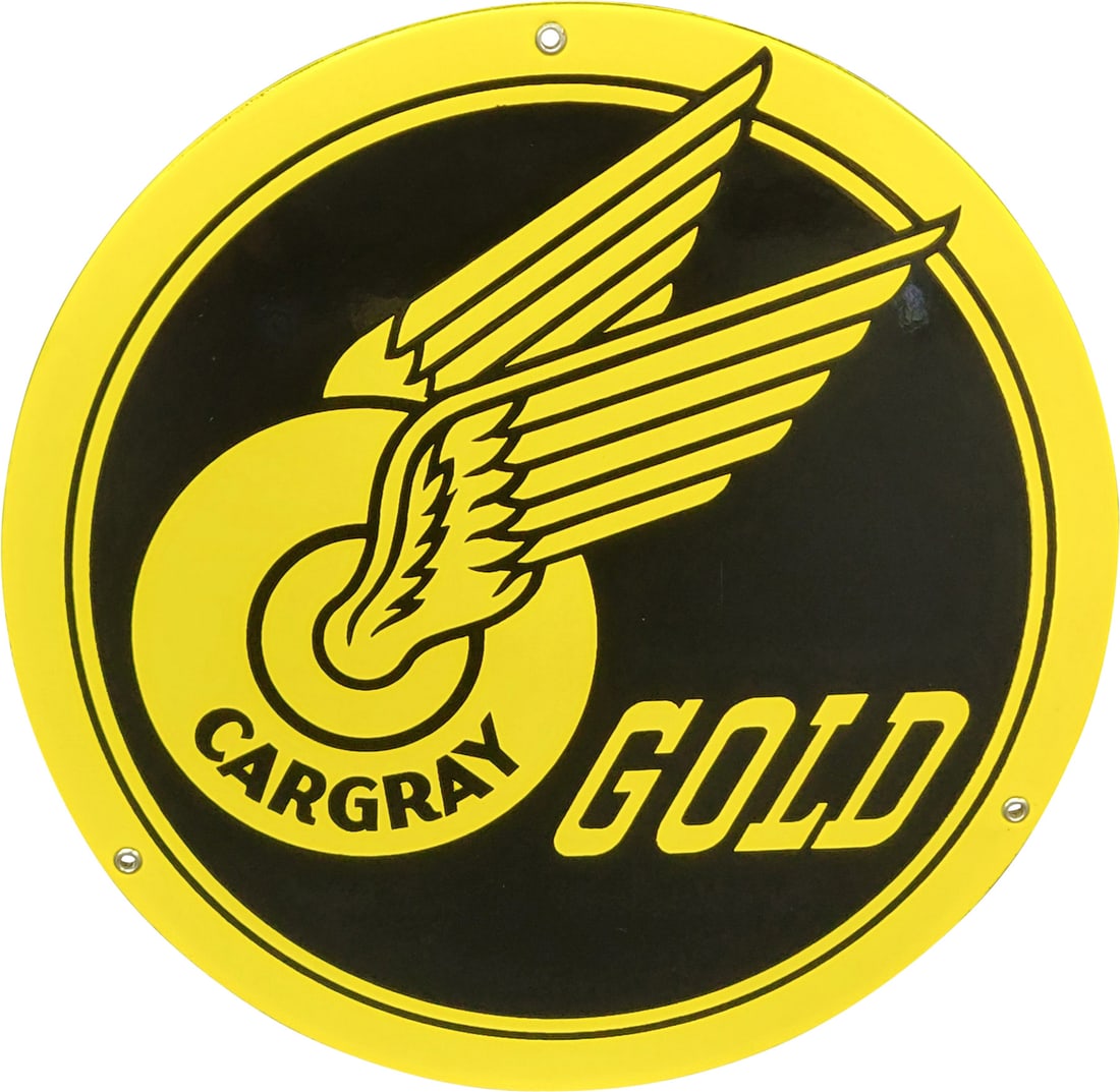 Cargray Gold Gasoline 10" Single Sided Porcelain Pump Plate Sign w/ Wings (1 of 2)