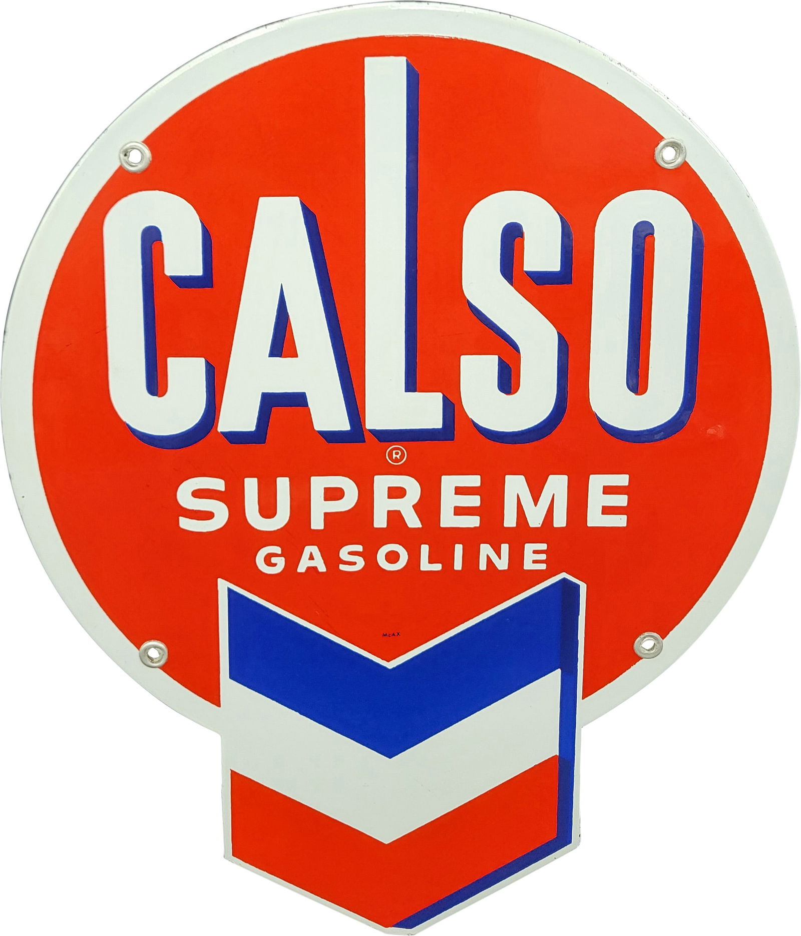 Gasoline Supreme Gasoline Single Sided Porcelain Pump Plate Sign w/ Hallmark: 13.5" x 11", SSP (single sided porcelain) die cut sign has outstanding color and gloss. The sign has an exceptionally clean field and perimeter with light surface imperfections All four factory gromme