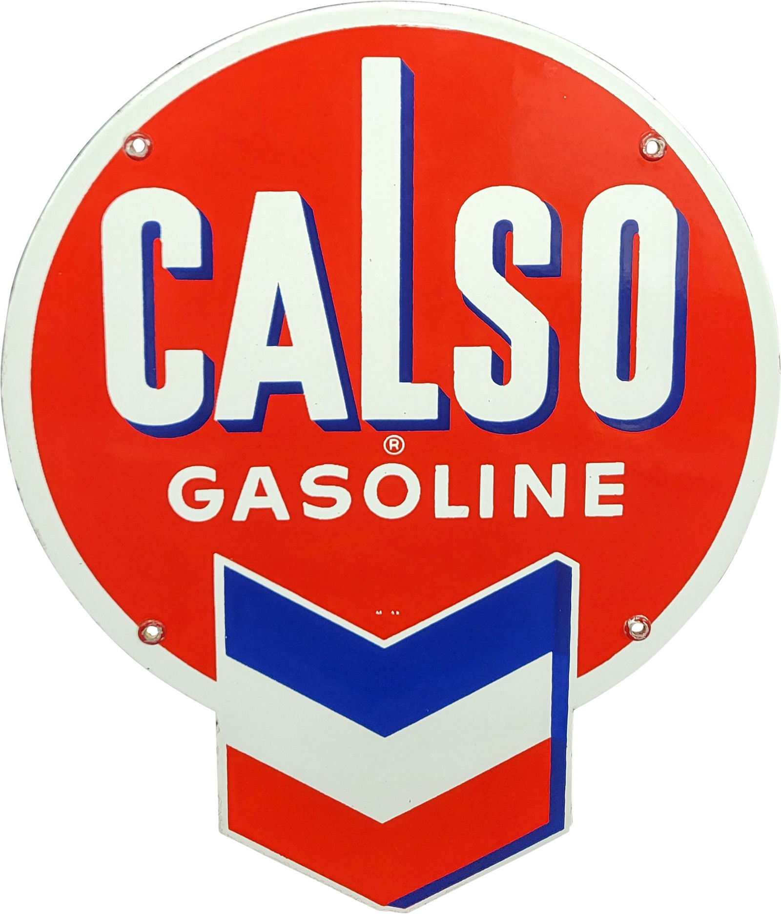 Gasoline Single Sided Porcelain Pump Plate Sign w/ Hallmark: 13.5" x 11", SSP (single sided porcelain) die cut sign has excellent color and gloss. The sign is very clean overall with light surface imperfections and minor edge wear. All four factory grommets are