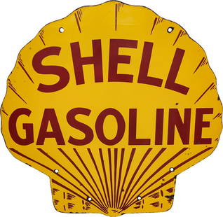 1929 Shell Gasoline 25" Double Sided Porcelain Service Station Sign: 25" x 25", DSP (double sided porcelain) die-cut sign has good color and gloss. Side #1 has light surface wear with small chips and minor discoloration in the fields. The perimeter has additional chips