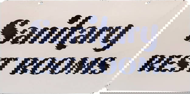 Sanitary Rest Rooms Double Sided Porcelain Service Station Sign: 15" x 30", DSP (double sided porcelain) sign has excellent color and gloss. The display has minor surface imperfections with small edge chips. The reverse is in a very similar condition. Overall a cle