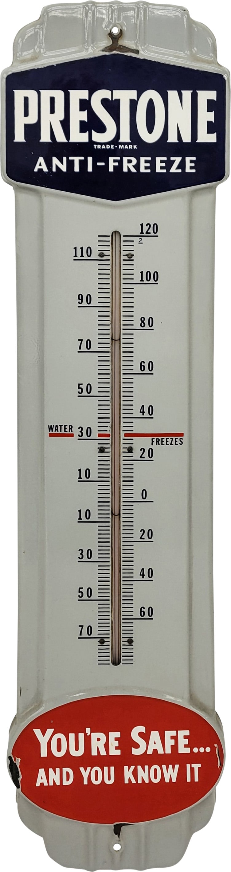 Prestone Anti-Freeze "You're Safe and You Know It" Single Sided Porcelain Thermometer: 36" x 9", SSP (single sided porcelain) thermometer has excellent color and gloss. The tube is intact and appears to work as it should. The field is clean and the perimeter has chips at the mounting ho
