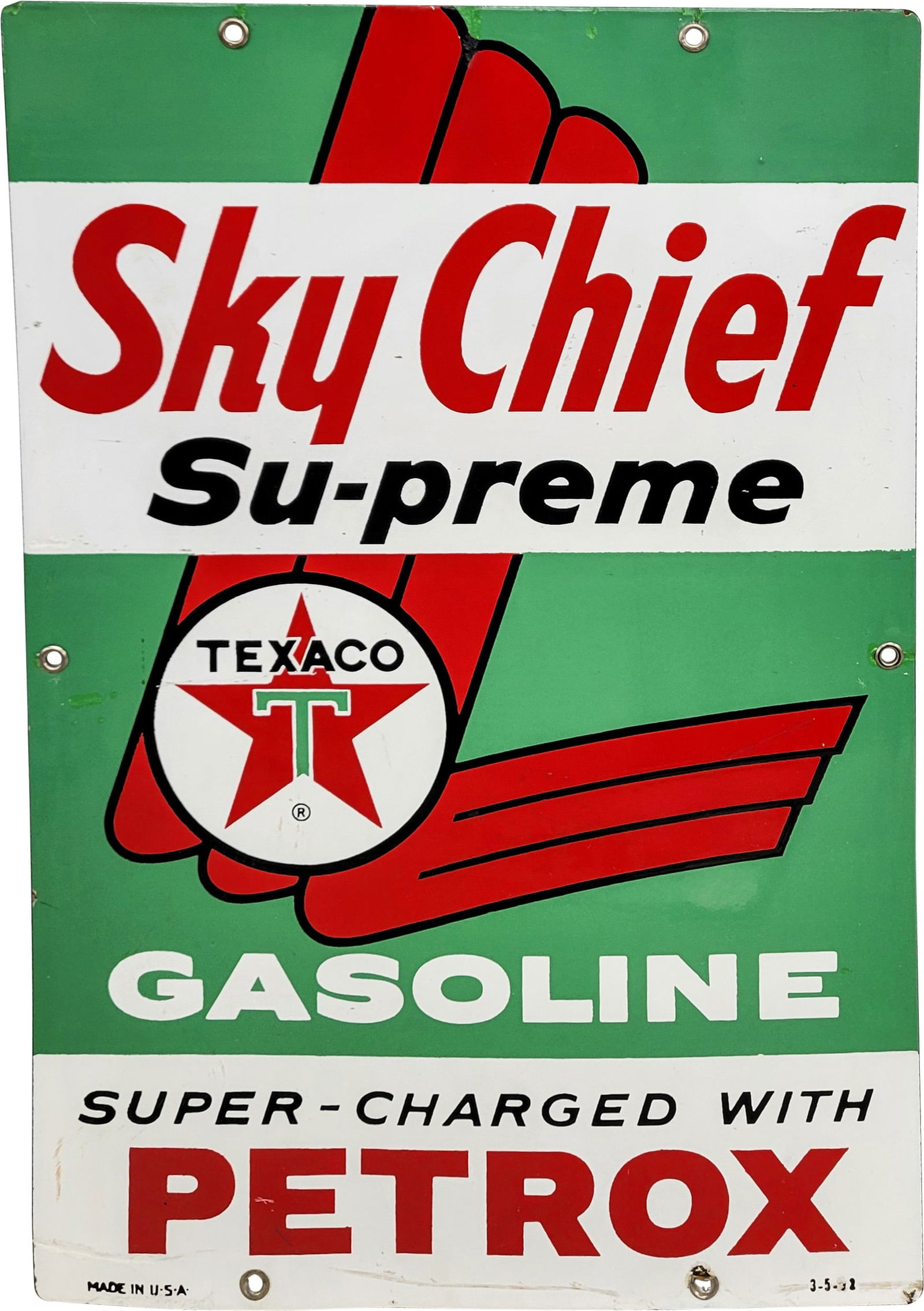 Texaco Sky Chief Supreme Gasoline w/ Petrox Single Sided Porcelain Pump Plate Sign: 18" x 12", SSP (single sided porcelain) sign has excellent color and gloss. The field has light wear with color matched chips in the right and left fields. The perimeter has a slight bend near the "E"