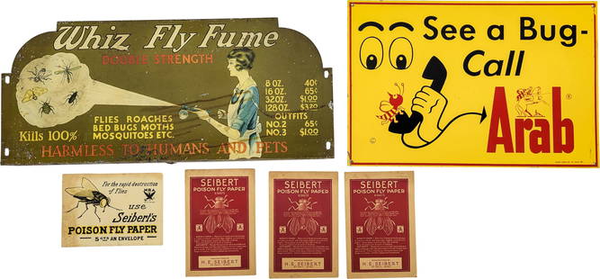 Whiz Fly Fume and See A Bug Call Arab Signs: This lot consists two SST (single sided tin) signs, featuring a Whiz Fly Fume rack sign measuring 23.25" x 10" that displays flaked paint, discoloration, stains, and edge wear. Additionally, it includ