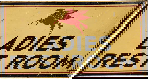 Scarce Mobil Ladies Rest Room Double Sided Tin Flange Sign w/ Pegasus: 10" x 19", DST (double sided tin) flange sign has good color and shine. The display exhibits toning throughout with errant paint drips, fine scratches and oxidation along the edges. The reverse has ad