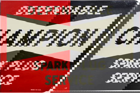 Dependable Champion Spark Plug Service Double Sided Tin Flange Sign: 12" x 18", DST (double sided tin) flange has day one color and shine. The display is exceptionally clean with light fine scratches and minor perimeter wear. The reverse has slightly more wear with min