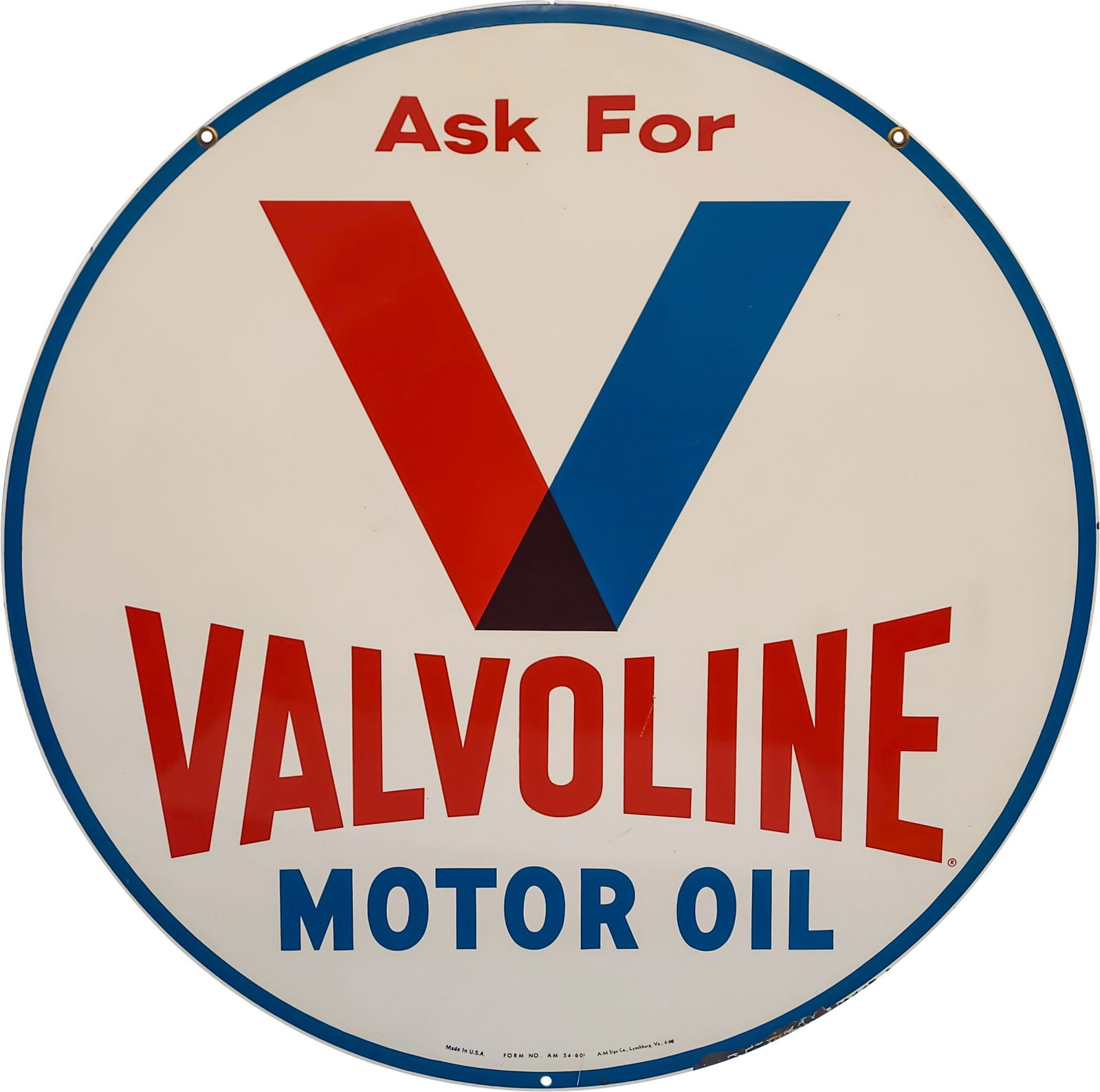 1960 Valvoline Motor Oil 30" Double Sided Tin Sign w/ Logo: 30" D., DST (double sided tin) sign has excellent color and shine. Side #1 has light surface wear with fine scratches in the fields. The perimeter has paint chips along the lower edges. The reverse is